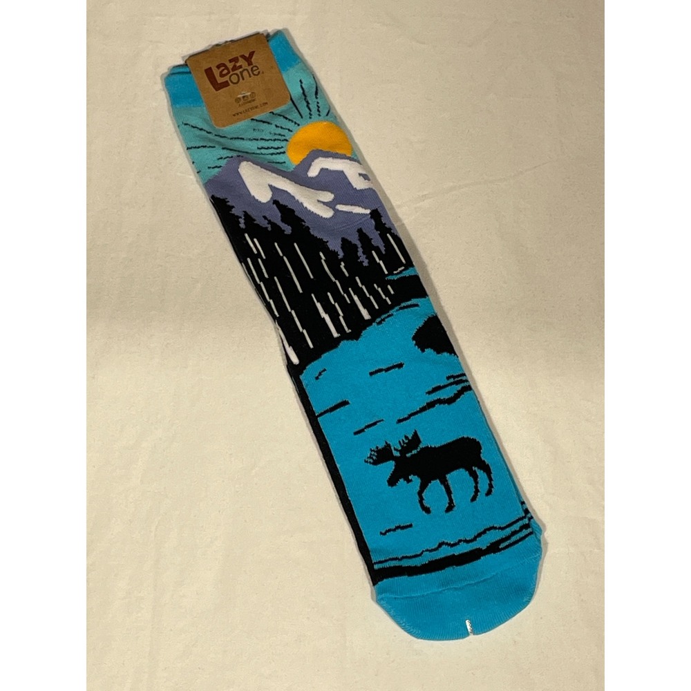 Lazy One Mountain Bound Moose Crew Socks Blue Novelty Outdoor SK977 NWT